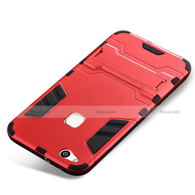 Silicone Matte Finish and Plastic Back Cover Case with Stand for Huawei P10 Lite Red