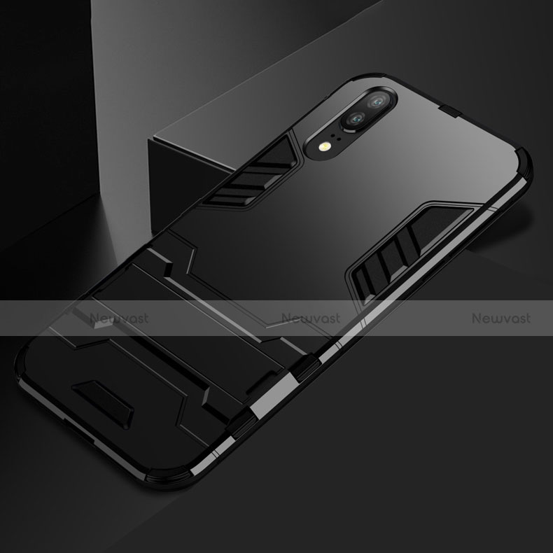 Silicone Matte Finish and Plastic Back Cover Case with Stand for Huawei P20 Black