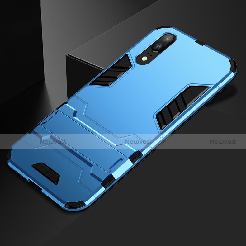 Silicone Matte Finish and Plastic Back Cover Case with Stand for Huawei P20 Sky Blue