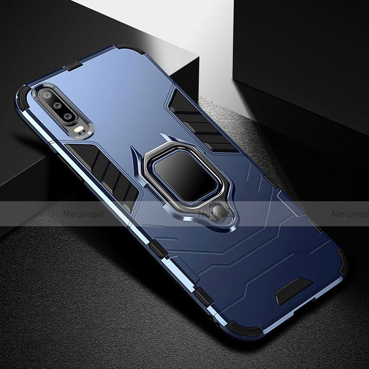 Silicone Matte Finish and Plastic Back Cover Case with Stand for Huawei P30 Blue