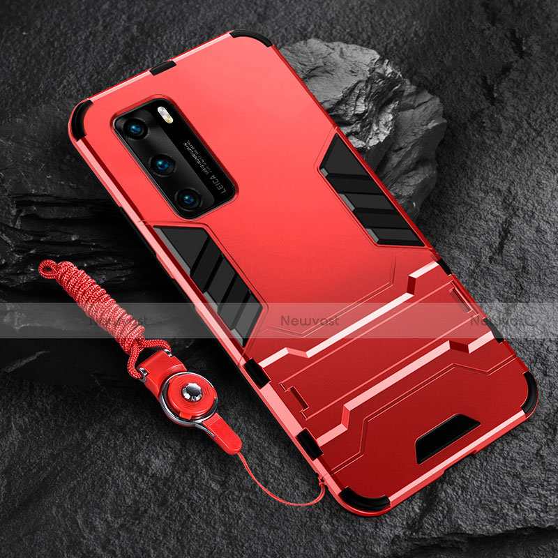 Silicone Matte Finish and Plastic Back Cover Case with Stand for Huawei P40 Red