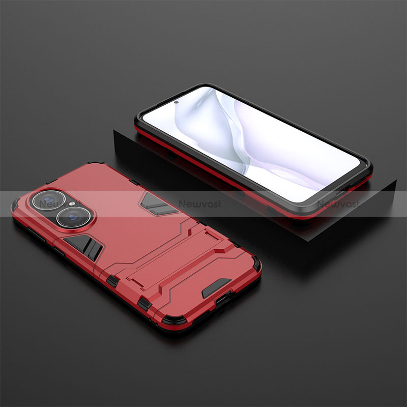 Silicone Matte Finish and Plastic Back Cover Case with Stand for Huawei P50 Pro Red