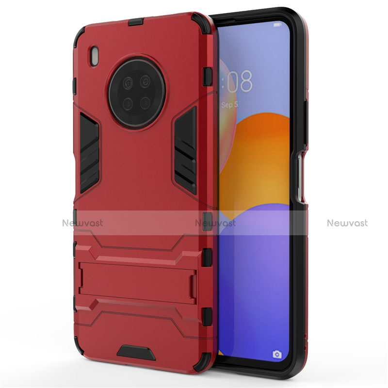 Silicone Matte Finish and Plastic Back Cover Case with Stand for Huawei Y9a Red