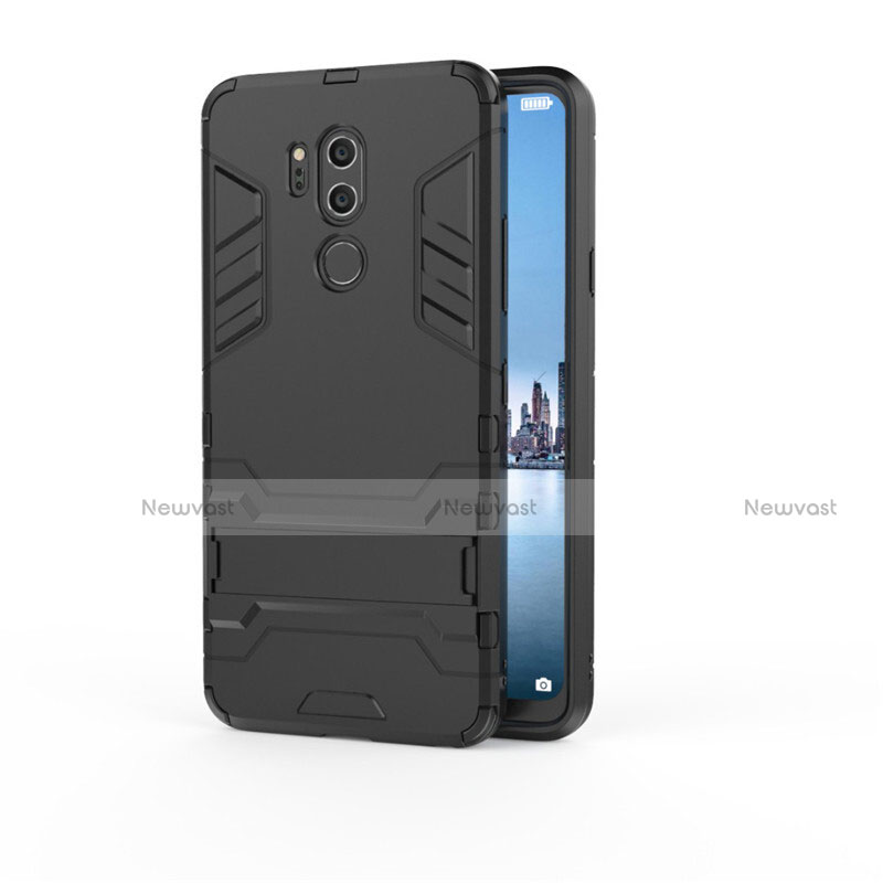 Silicone Matte Finish and Plastic Back Cover Case with Stand for LG G7 Black