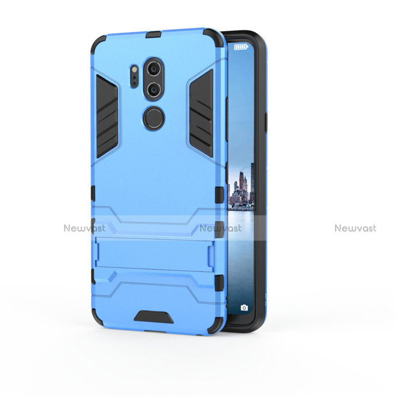 Silicone Matte Finish and Plastic Back Cover Case with Stand for LG G7 Sky Blue