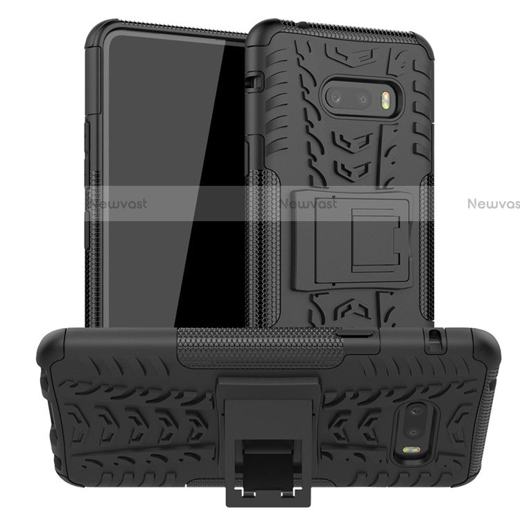 Silicone Matte Finish and Plastic Back Cover Case with Stand for LG G8X ThinQ Black
