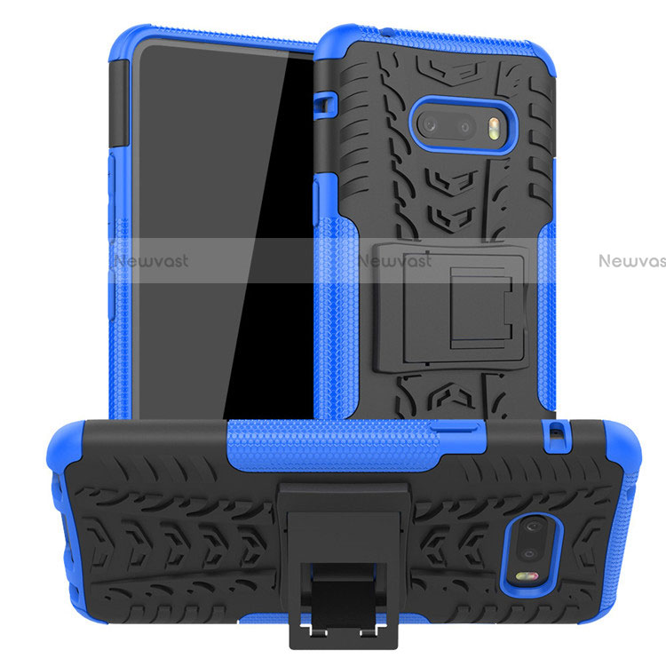 Silicone Matte Finish and Plastic Back Cover Case with Stand for LG G8X ThinQ Blue