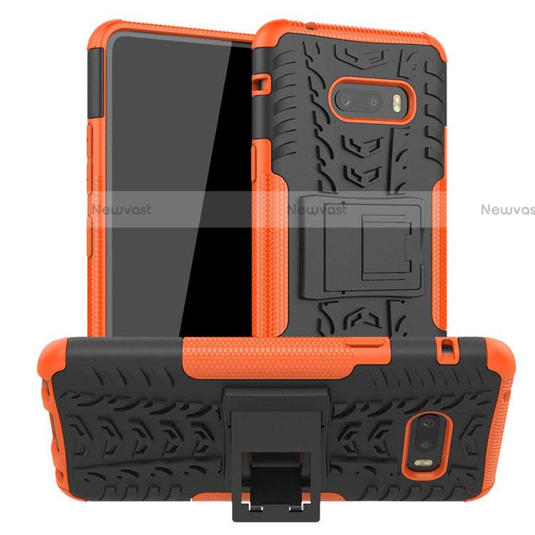 Silicone Matte Finish and Plastic Back Cover Case with Stand for LG G8X ThinQ Orange