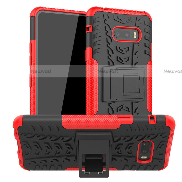 Silicone Matte Finish and Plastic Back Cover Case with Stand for LG G8X ThinQ Red