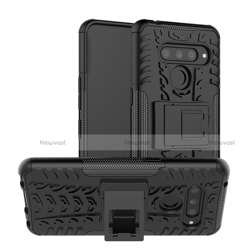 Silicone Matte Finish and Plastic Back Cover Case with Stand for LG V50 ThinQ 5G Black