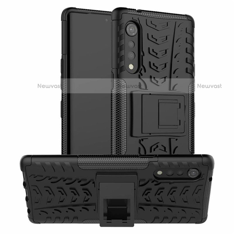 Silicone Matte Finish and Plastic Back Cover Case with Stand for LG Velvet 4G Black
