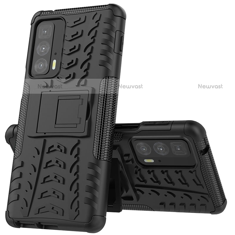 Silicone Matte Finish and Plastic Back Cover Case with Stand for Motorola Moto Edge 20 Pro 5G Black