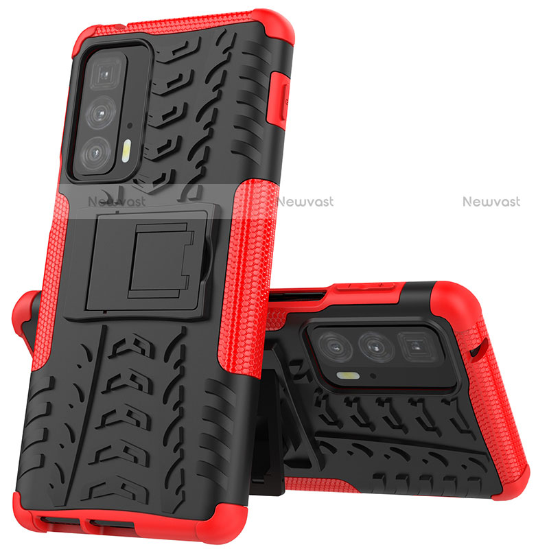 Silicone Matte Finish and Plastic Back Cover Case with Stand for Motorola Moto Edge 20 Pro 5G Red