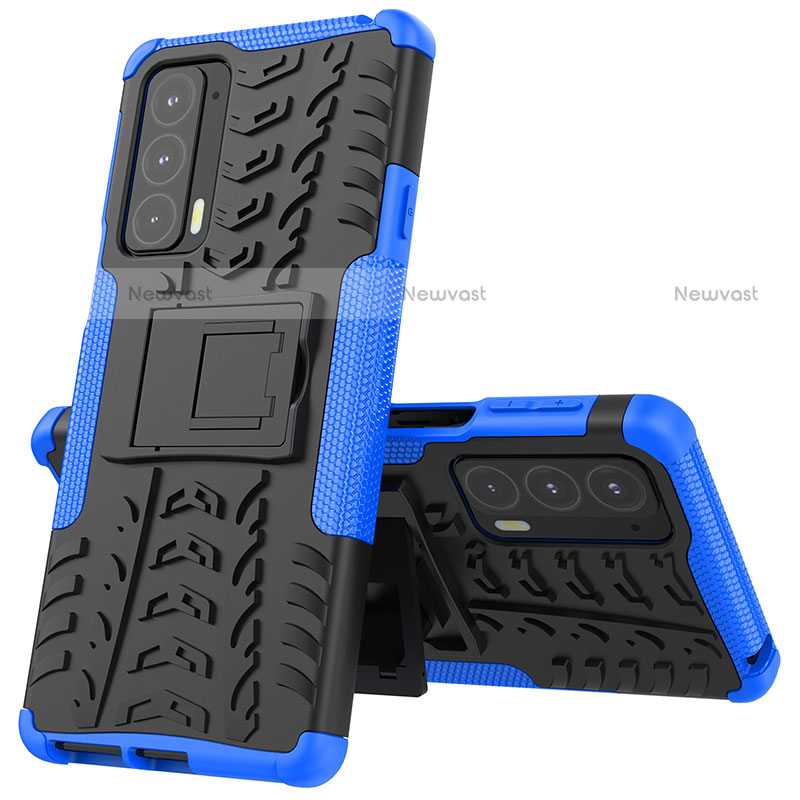 Silicone Matte Finish and Plastic Back Cover Case with Stand for Motorola Moto Edge Lite 5G Blue
