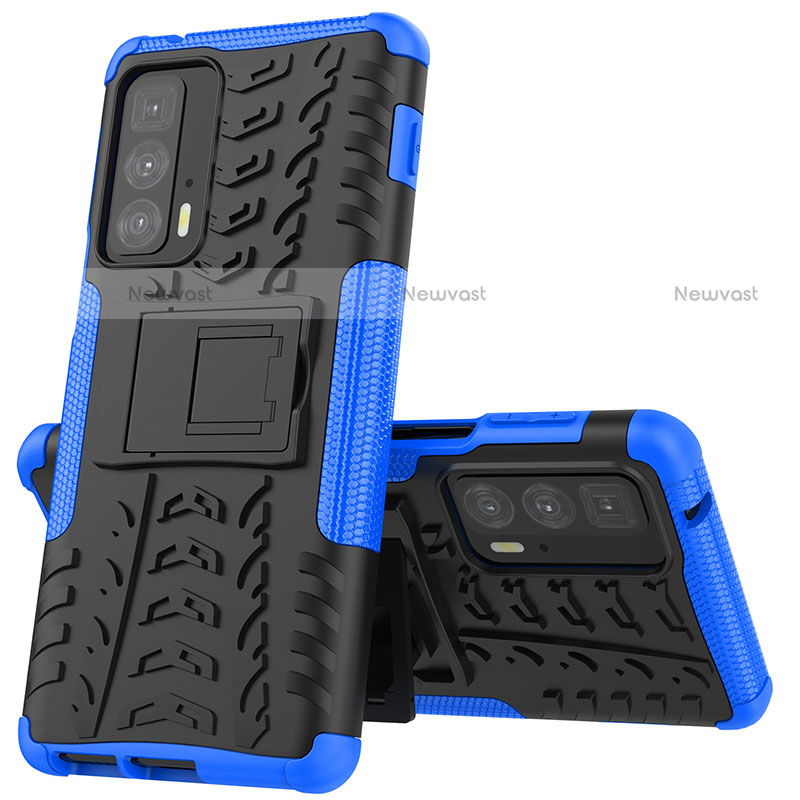 Silicone Matte Finish and Plastic Back Cover Case with Stand for Motorola Moto Edge S Pro 5G Blue