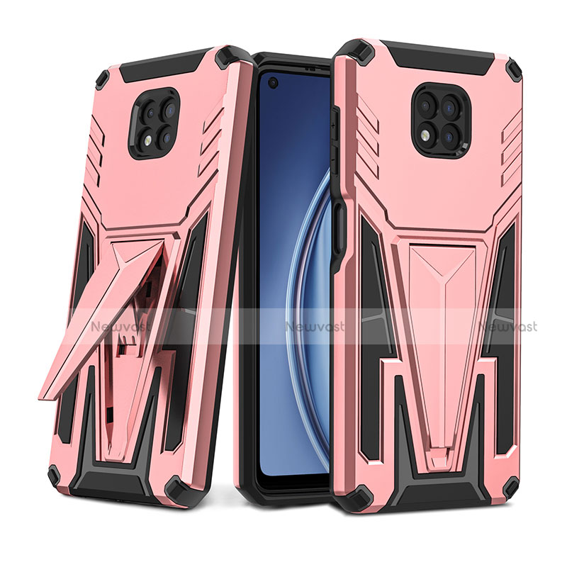 Silicone Matte Finish and Plastic Back Cover Case with Stand for Motorola Moto G Power (2021) Rose Gold