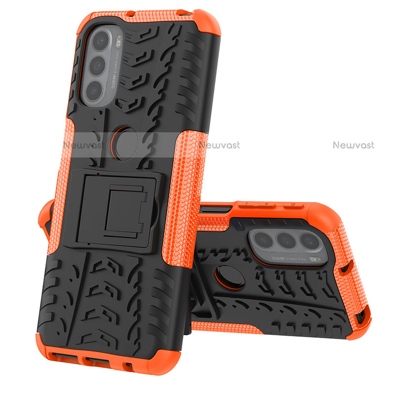 Silicone Matte Finish and Plastic Back Cover Case with Stand for Motorola Moto G31 Orange