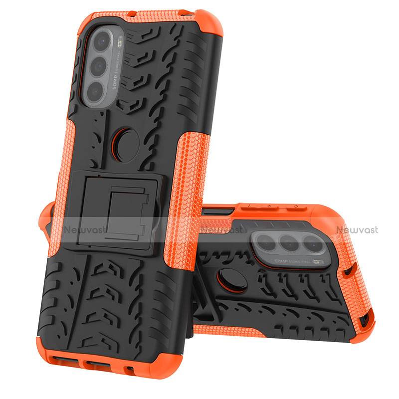Silicone Matte Finish and Plastic Back Cover Case with Stand for Motorola Moto G41 Orange