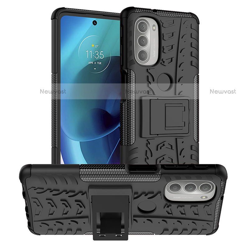 Silicone Matte Finish and Plastic Back Cover Case with Stand for Motorola Moto G51 5G Black