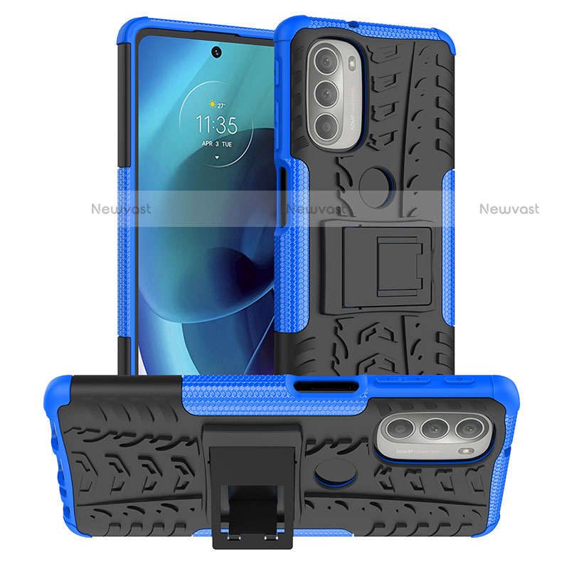 Silicone Matte Finish and Plastic Back Cover Case with Stand for Motorola Moto G51 5G Blue