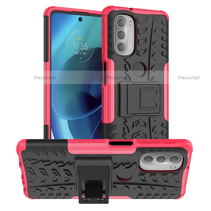 Silicone Matte Finish and Plastic Back Cover Case with Stand for Motorola Moto G51 5G Hot Pink