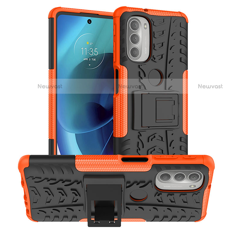 Silicone Matte Finish and Plastic Back Cover Case with Stand for Motorola Moto G51 5G Orange