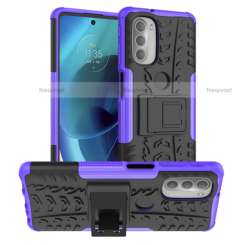 Silicone Matte Finish and Plastic Back Cover Case with Stand for Motorola Moto G51 5G Purple