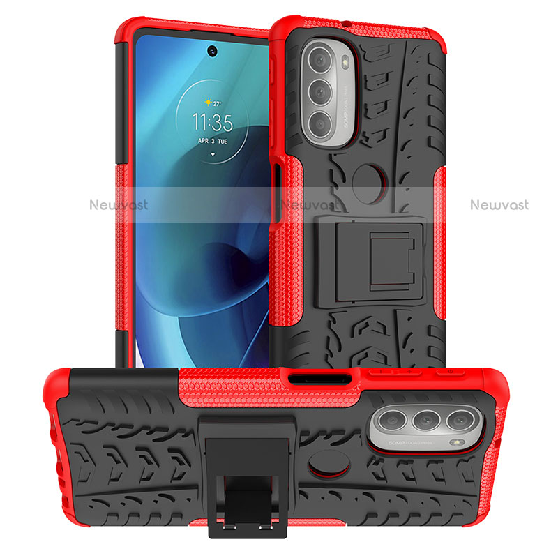 Silicone Matte Finish and Plastic Back Cover Case with Stand for Motorola Moto G51 5G Red