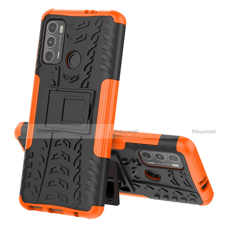 Silicone Matte Finish and Plastic Back Cover Case with Stand for Motorola Moto G60 Orange