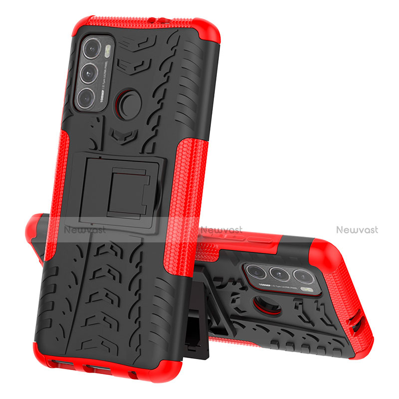 Silicone Matte Finish and Plastic Back Cover Case with Stand for Motorola Moto G60 Red