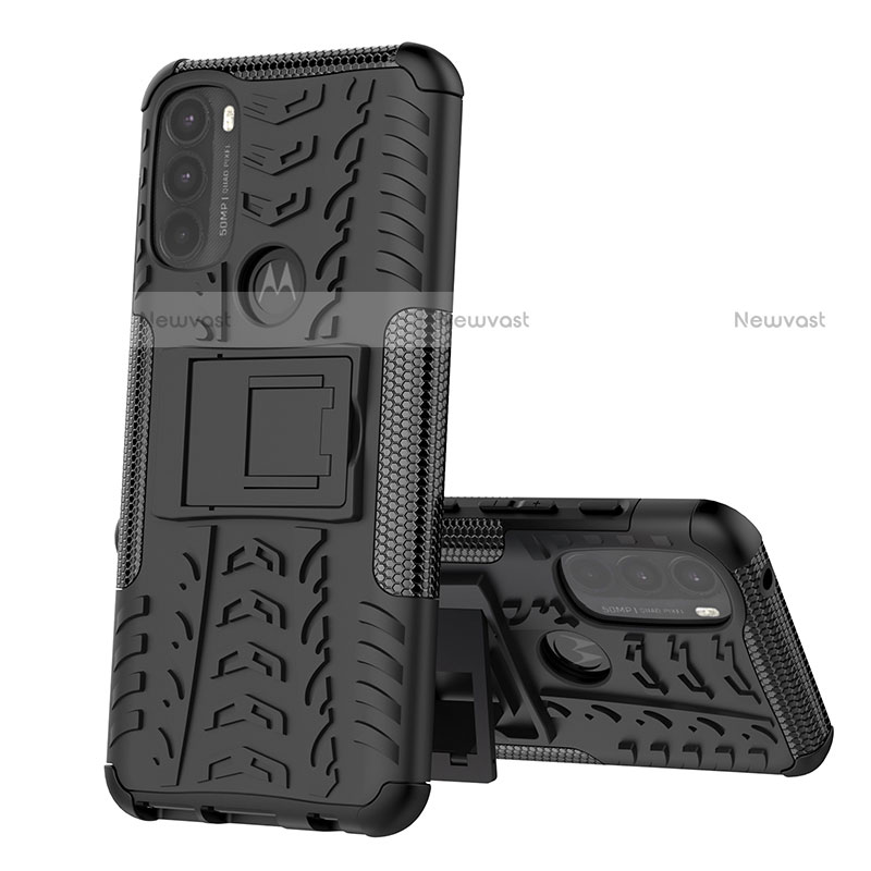 Silicone Matte Finish and Plastic Back Cover Case with Stand for Motorola Moto G71 5G Black