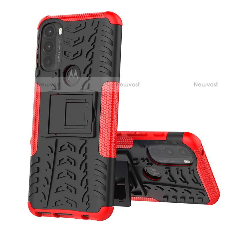 Silicone Matte Finish and Plastic Back Cover Case with Stand for Motorola Moto G71 5G Red