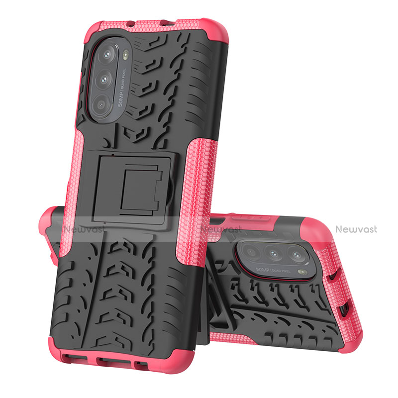 Silicone Matte Finish and Plastic Back Cover Case with Stand for Motorola Moto G82 5G Hot Pink