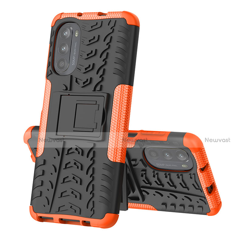 Silicone Matte Finish and Plastic Back Cover Case with Stand for Motorola Moto G82 5G Orange