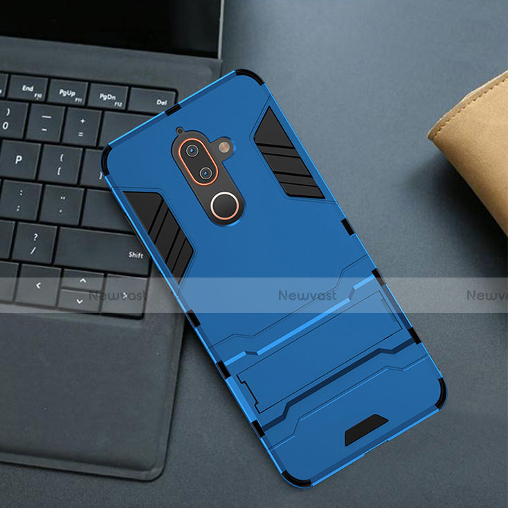 Silicone Matte Finish and Plastic Back Cover Case with Stand for Nokia 7 Plus Blue