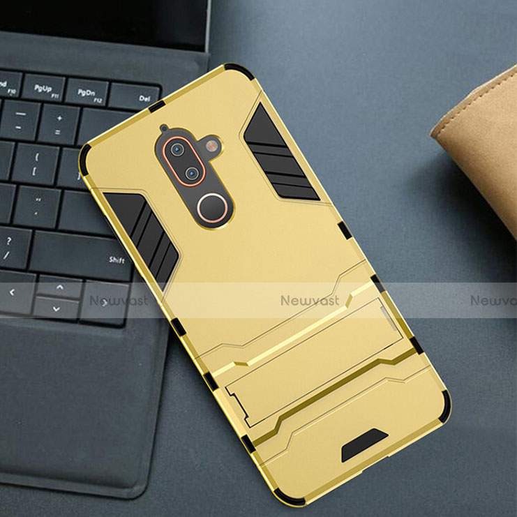 Silicone Matte Finish and Plastic Back Cover Case with Stand for Nokia 7 Plus Gold