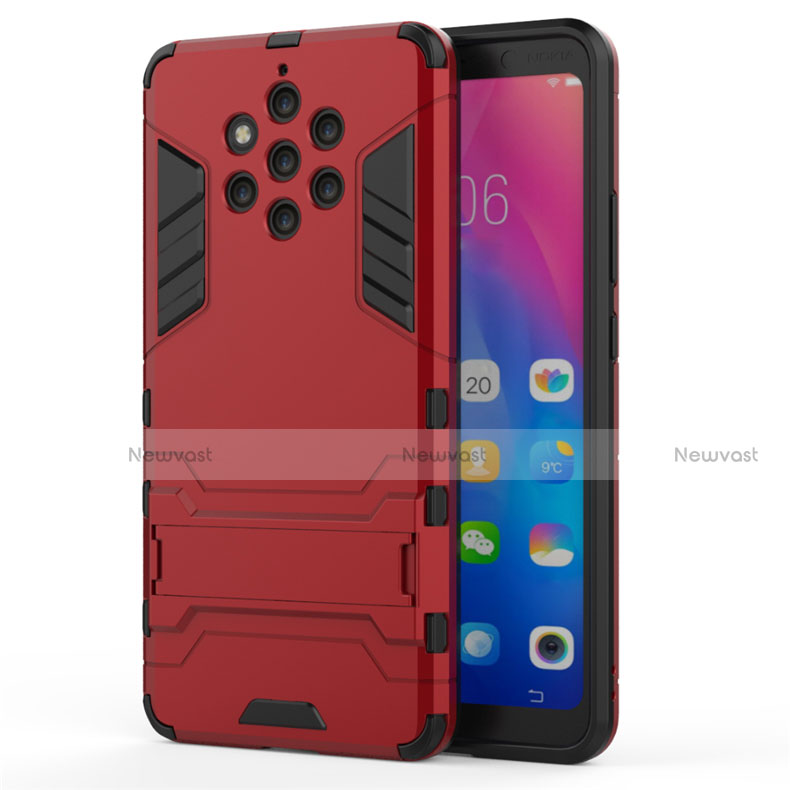 Silicone Matte Finish and Plastic Back Cover Case with Stand for Nokia 9 PureView Red