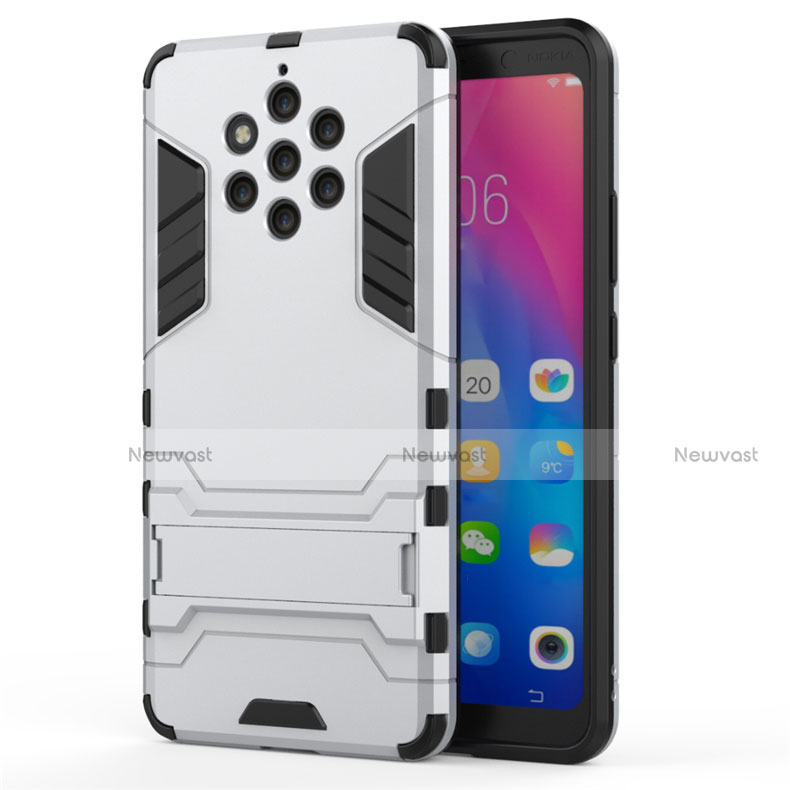 Silicone Matte Finish and Plastic Back Cover Case with Stand for Nokia 9 PureView White