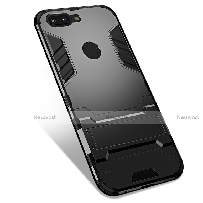 Silicone Matte Finish and Plastic Back Cover Case with Stand for OnePlus 5T A5010 Black