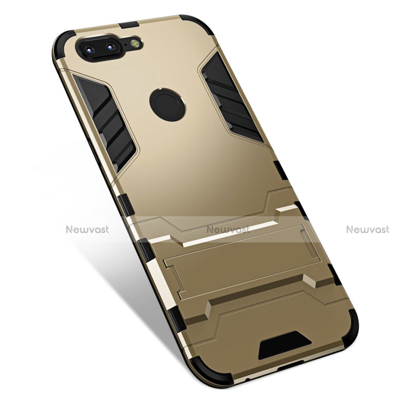 Silicone Matte Finish and Plastic Back Cover Case with Stand for OnePlus 5T A5010 Gold