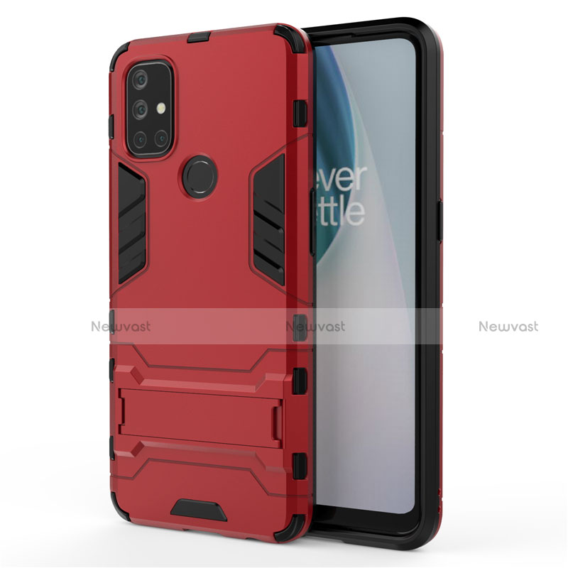 Silicone Matte Finish and Plastic Back Cover Case with Stand for OnePlus Nord N10 5G Red
