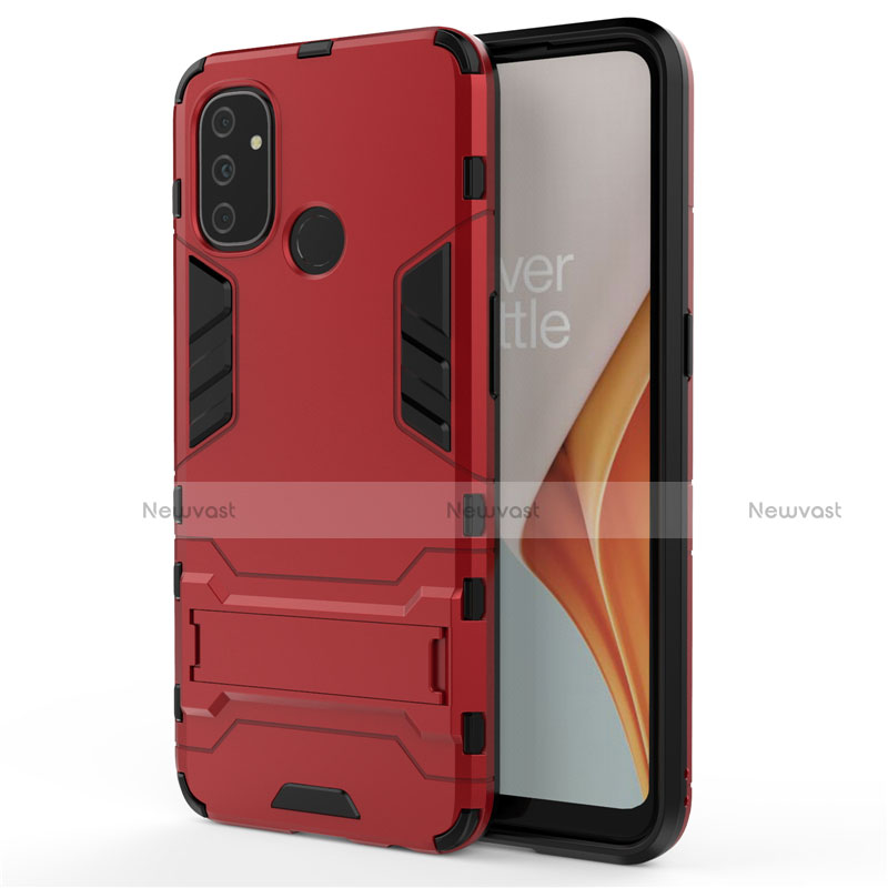 Silicone Matte Finish and Plastic Back Cover Case with Stand for OnePlus Nord N100 Red