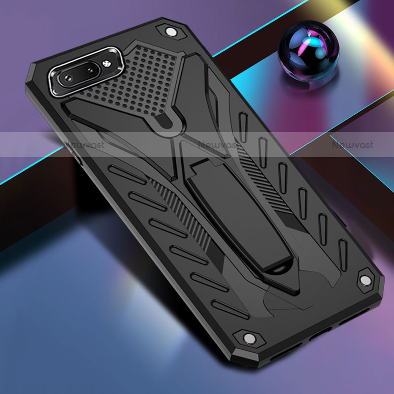 Silicone Matte Finish and Plastic Back Cover Case with Stand for Oppo A12e Black