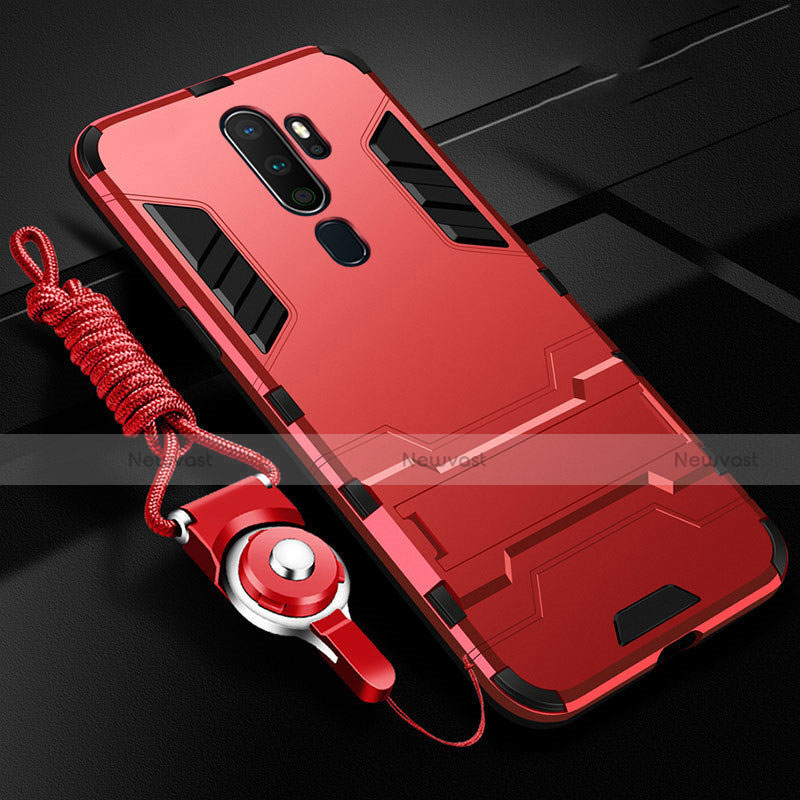 Silicone Matte Finish and Plastic Back Cover Case with Stand for Oppo A5 (2020) Red
