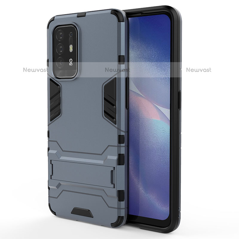 Silicone Matte Finish and Plastic Back Cover Case with Stand for Oppo F19 Pro+ Plus 5G Blue