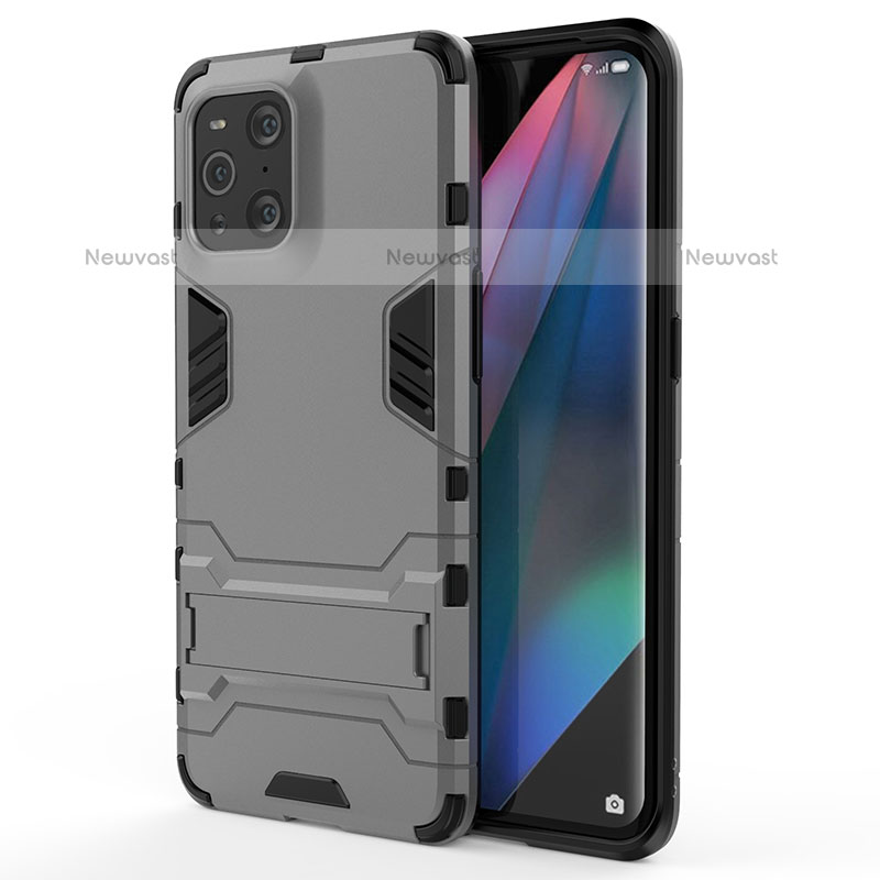 Silicone Matte Finish and Plastic Back Cover Case with Stand for Oppo Find X3 Pro 5G Gray
