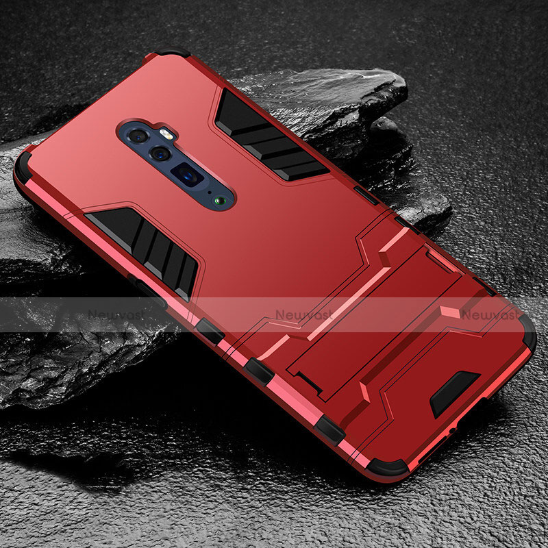 Silicone Matte Finish and Plastic Back Cover Case with Stand for Oppo Reno 10X Zoom Red