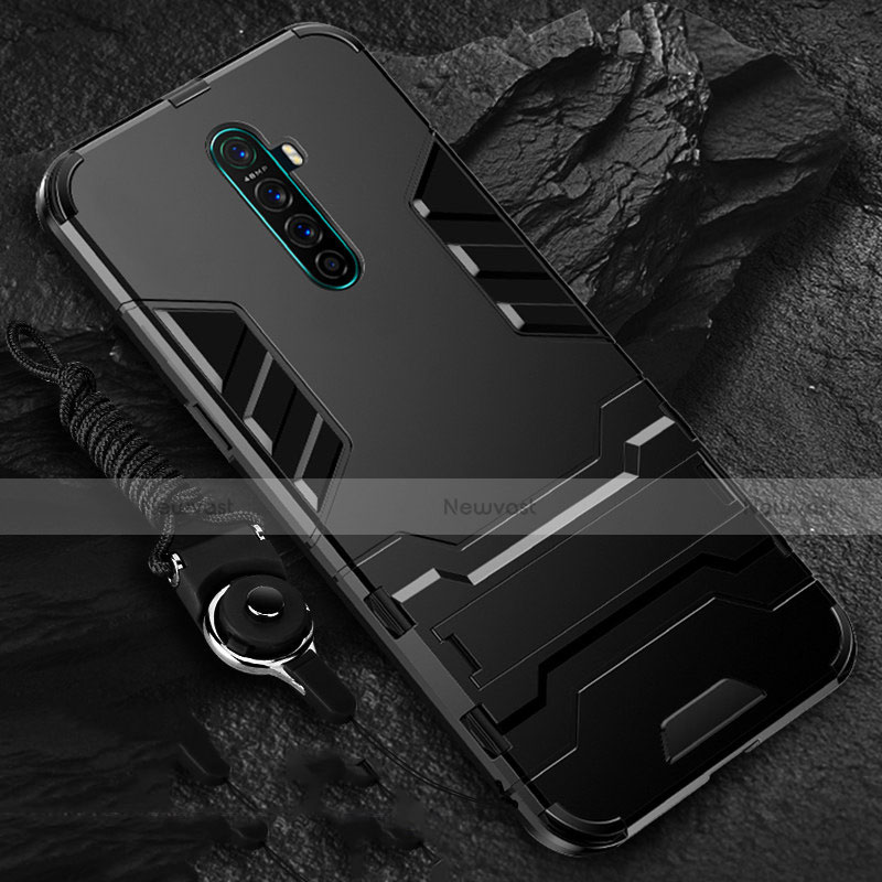 Silicone Matte Finish and Plastic Back Cover Case with Stand for Oppo Reno Ace Black