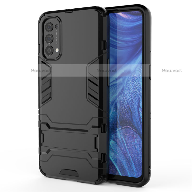 Silicone Matte Finish and Plastic Back Cover Case with Stand for Oppo Reno4 4G Black
