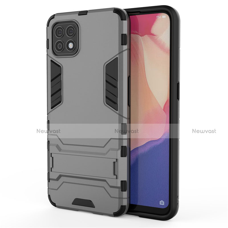 Silicone Matte Finish and Plastic Back Cover Case with Stand for Oppo Reno4 SE 5G Gray